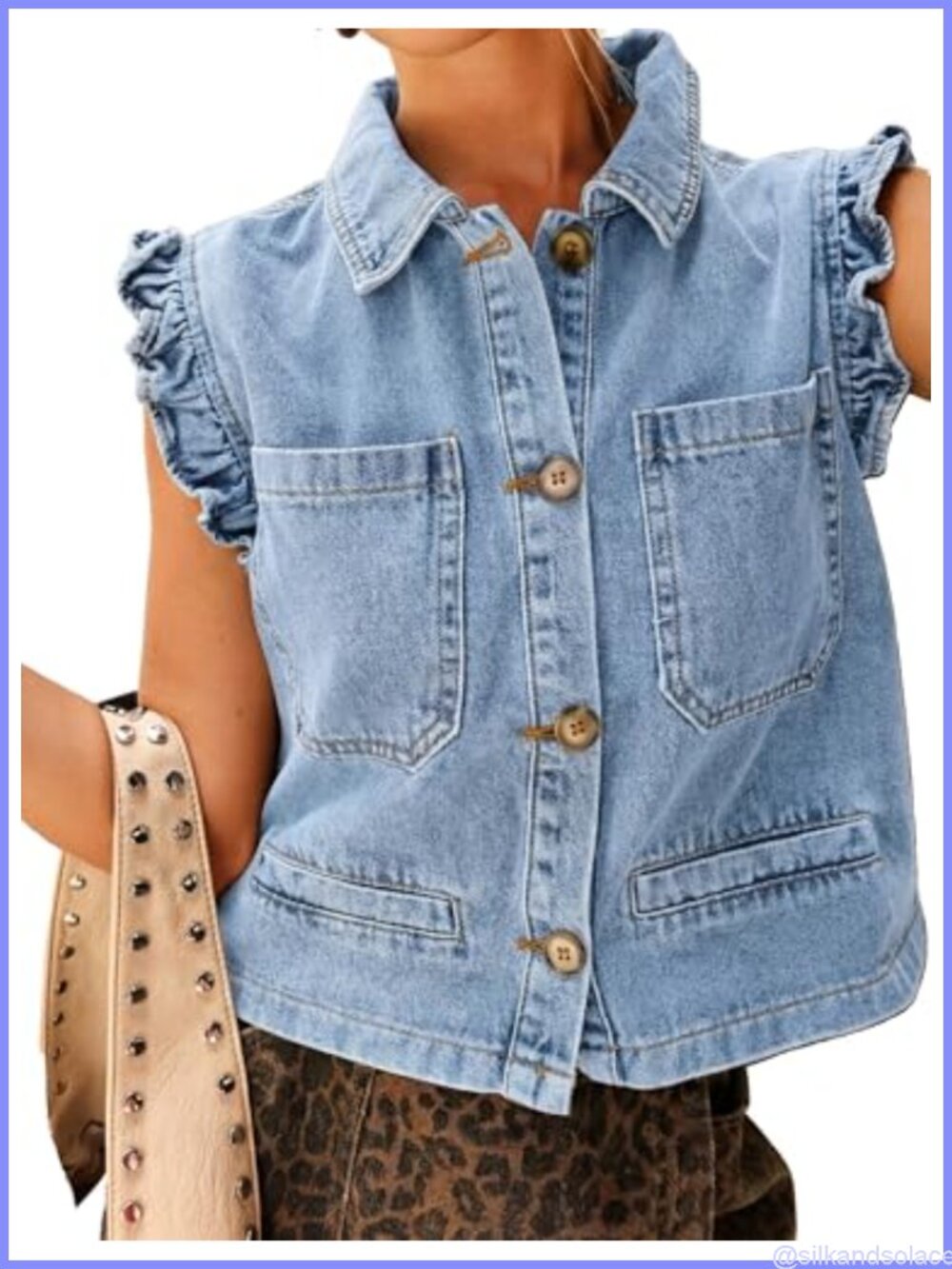 Women's Cotton Blend Denim Vest Sleeveless Ruffle Cuffed Cropped Jacket